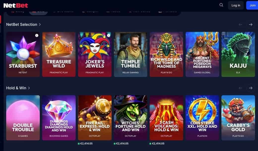 NetBet slots page featuring Starburst, Treasure Wild, Temple Tumble, and Hold & Win titles