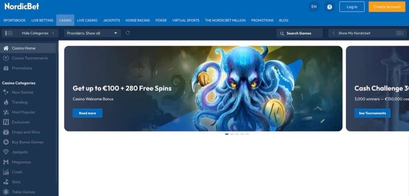 NordicBet casino game lobby with category filters