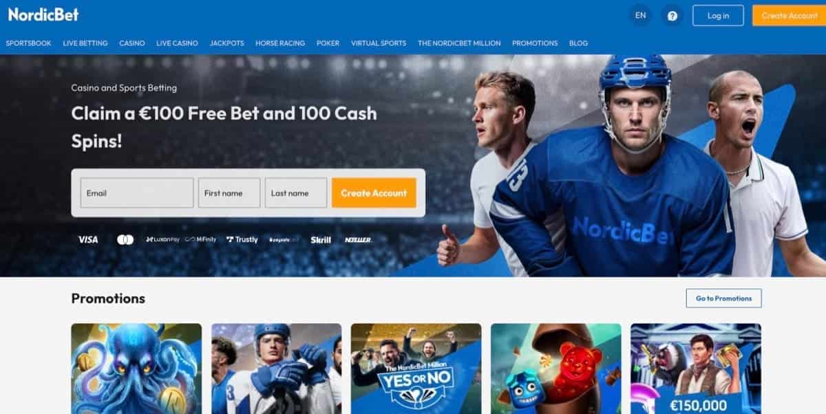 NordicBet homepage with the 100% up to €100 welcome plus 280 wager-free Cash Spins on Tome of the Lost under MGA, Swedish, and Danish licences