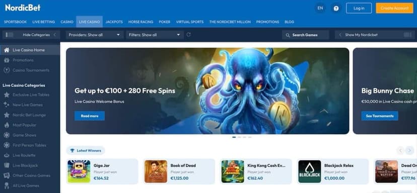 NordicBet live casino with latest winners and tournament promotions