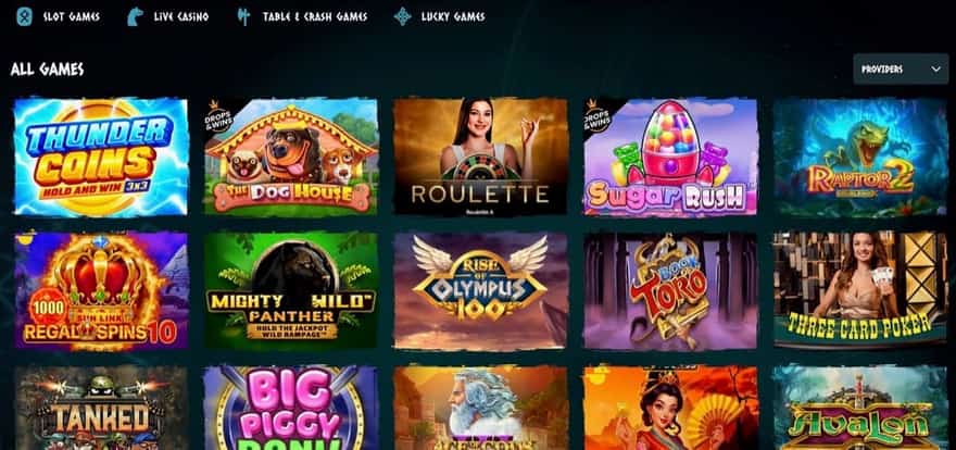 NordsCasino slots lobby displaying game tiles including Thunder Coins, Roulette, Rise of Olympus 100, Mighty Wild Panther, Big Piggy, and Tanked across multiple rows