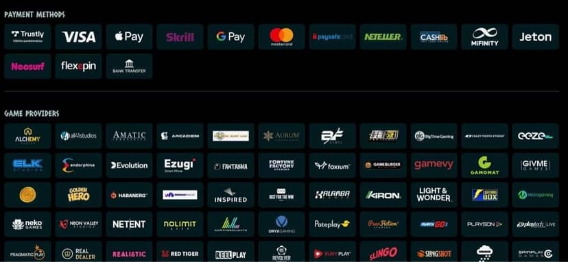 NordsCasino payment methods and game providers footer showing Trustly, Visa, Apple Pay, Skrill, GPay, Paysafecard, Neteller, CASHlib, Jeton, MiFinity, Neosurf, Flexepin, and bank transfer logos alongside 40+ provider logos