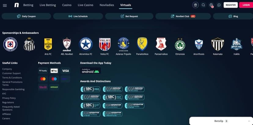 Novibet sponsorships section showing partnerships with Greek football clubs including Aris FC, Atromitos, and Asteras Tripolis