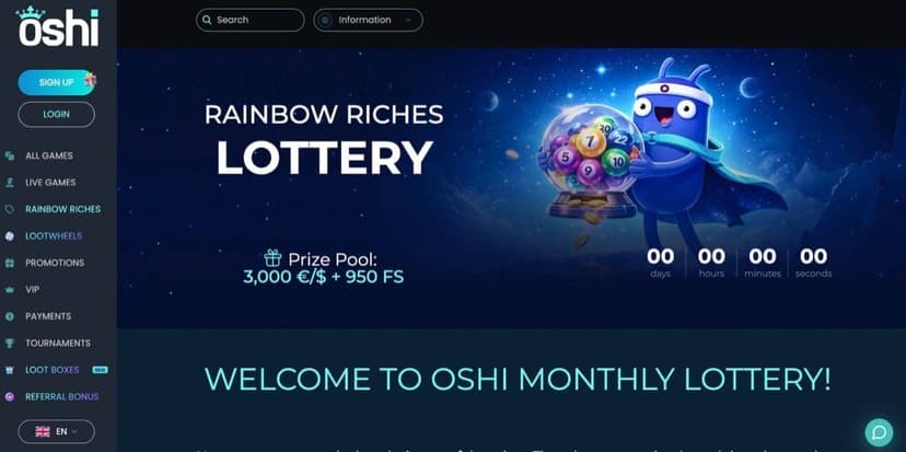 Oshi Casino homepage showing the Rainbow Riches Lottery promo with a 3,000 EUR prize pool and 950 free spins, plus the full sidebar navigation