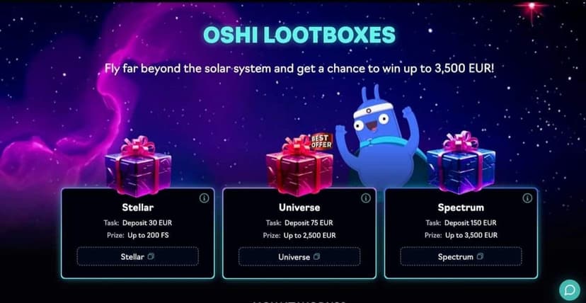 Oshi Casino Lootboxes page showing three tiers – Stellar at 30 EUR deposit with up to 200 free spins, Universe at 75 EUR with up to 2,500 EUR, and Spectrum at 150 EUR with up to 3,500 EUR