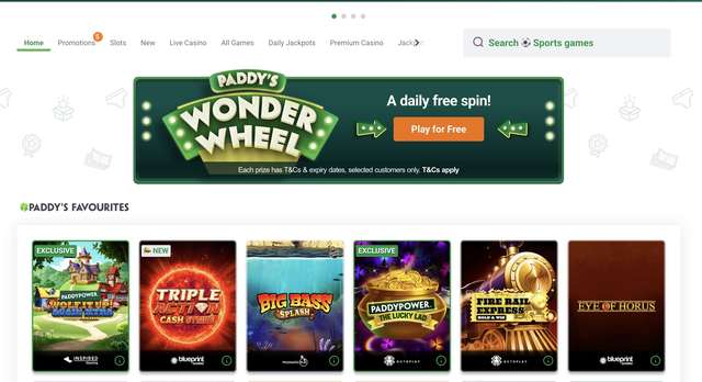 Paddy Power casino lobby with Wonder Wheel daily free spin tile and Paddy's Favourites slots: Wolf It Up Again Xtra, Triple Action Cash Strike, Big Bass Splash, Lucky Lad, Fire Rail Express, and Eye of Horus
