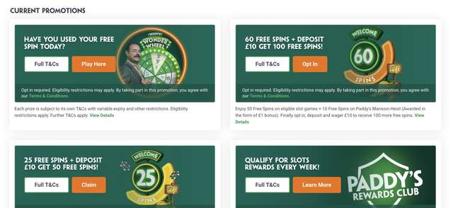 Paddy Power Current Promotions page showing Wonder Wheel daily free spin, Paddy's Mansion Heist 60 plus 40 free spins on a £10 deposit, 25 Free Spins, and Paddy's Rewards Club