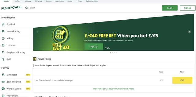 Paddy Power sportsbook homepage with Bet £/€5 get £/€40 free bet promo and football, horse racing, in-play, lotteries, games, live casino, bingo, and poker menu