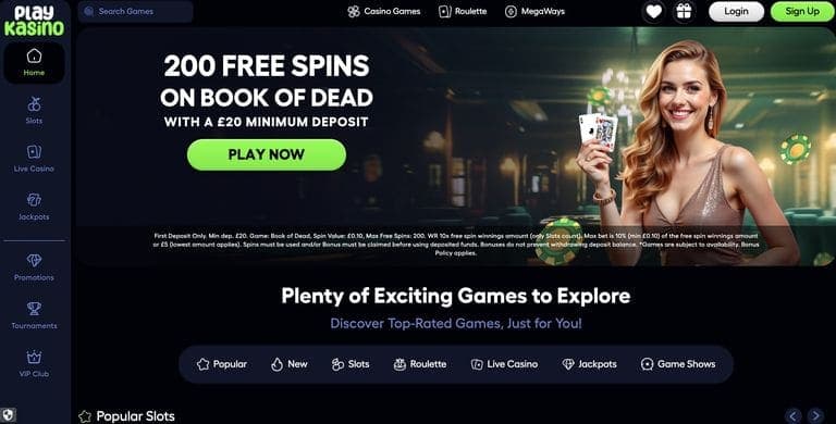 PlayKasino homepage promoting 200 free spins on Book of Dead with a £20 minimum deposit