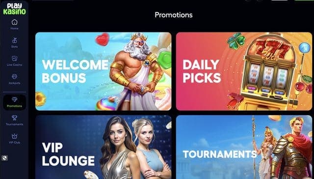 PlayKasino promotions page with Welcome Bonus, Daily Picks, VIP Lounge and Tournaments tiles