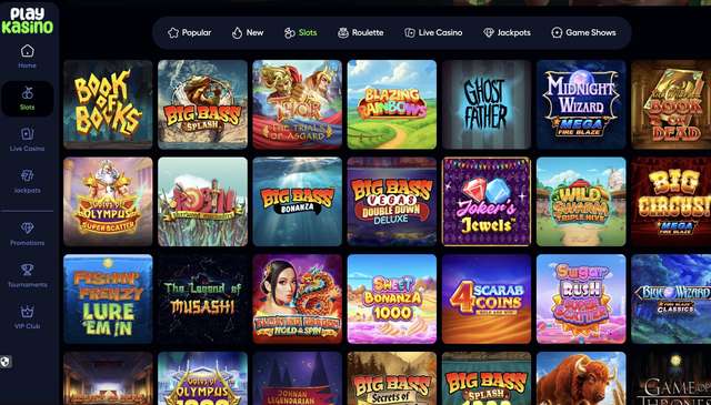 PlayKasino slots lobby with Book of Books, Big Bass Splash, Thor, Gates of Olympus Super Scatter and Sweet Bonanza 1000