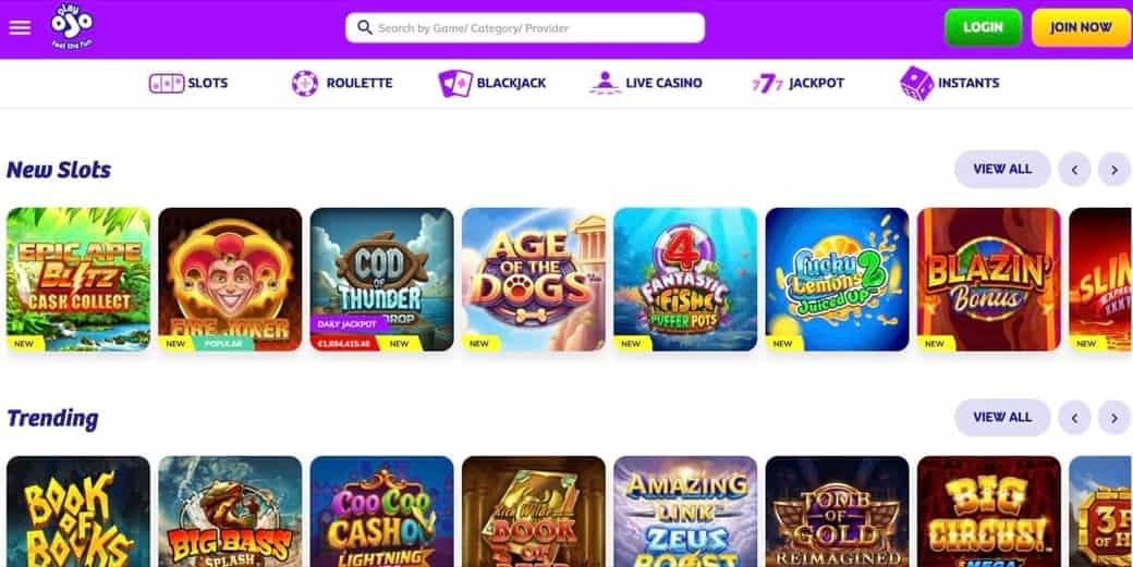 PlayOJO game library showing new slots and trending titles