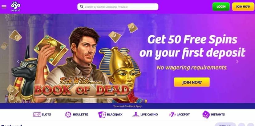 PlayOJO homepage showing zero-wagering welcome offer and game categories