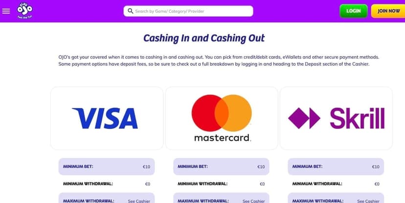 PlayOJO payment methods – Visa, Mastercard, Skrill with €10 minimum