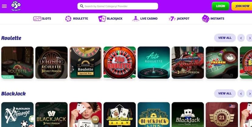 PlayOJO roulette and blackjack game selection