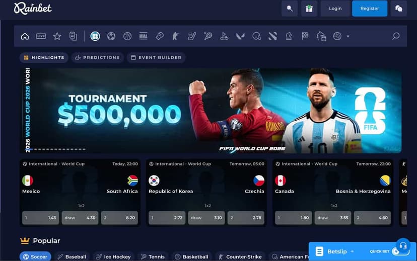 Rainbet sportsbook during the FIFA World Cup 2026, with a $500,000 tournament banner, 1x2 odds on World Cup fixtures like Mexico vs South Africa, and Highlights, Predictions and Event Builder tabs