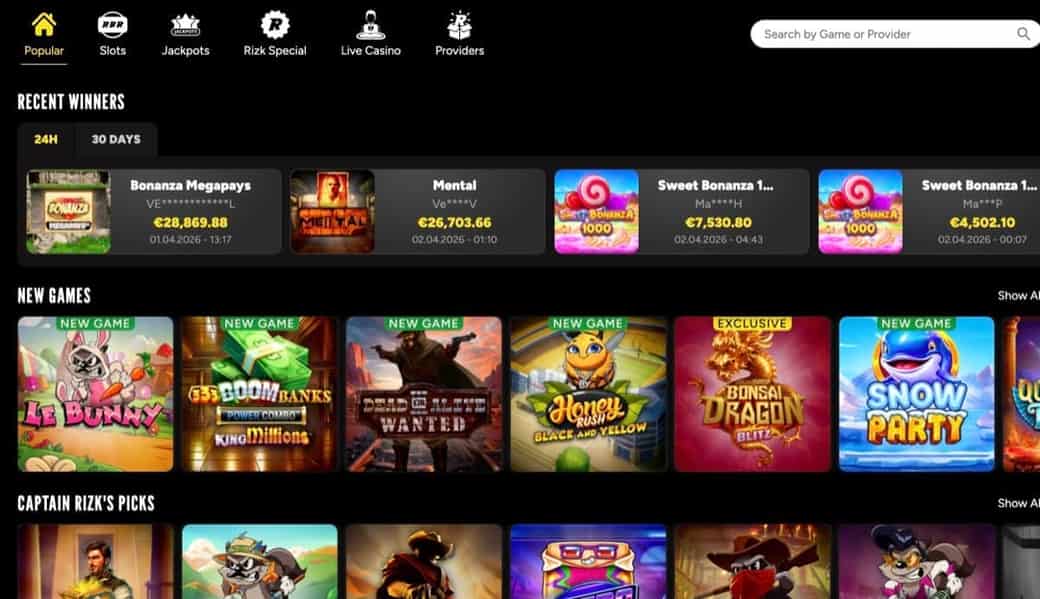 Rizk Casino game lobby showing recent winners and new game releases