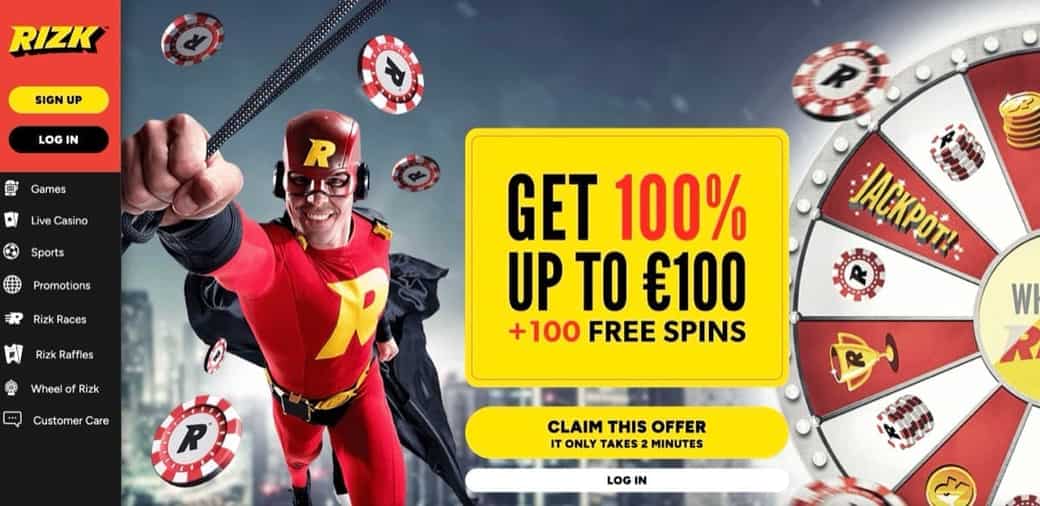 Rizk Casino homepage with Captain Rizk mascot and 100% up to 100 euro plus 100 free spins welcome bonus