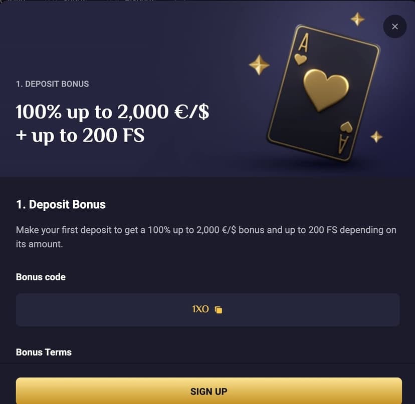 RollXO first deposit bonus modal showing 100% up to 2,000 €/$ plus up to 200 free spins, with bonus code 1XO copyable in the field