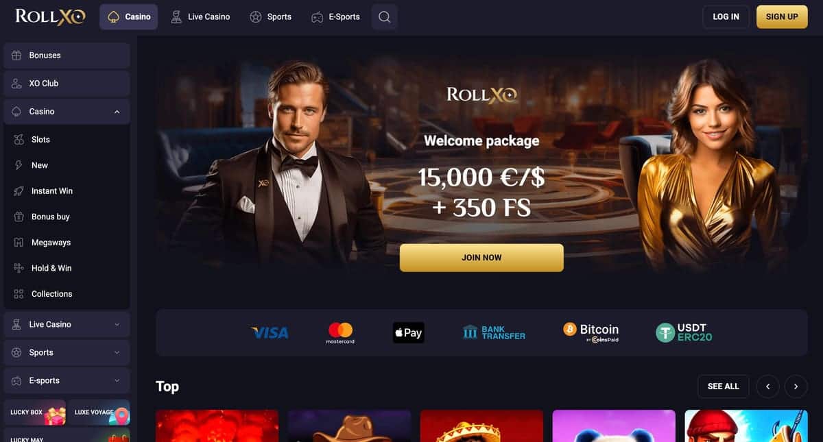 RollXO homepage hero with the XO Club VIP cashback banner and the live dealer lobby tiles under the post-LOK GCA licence