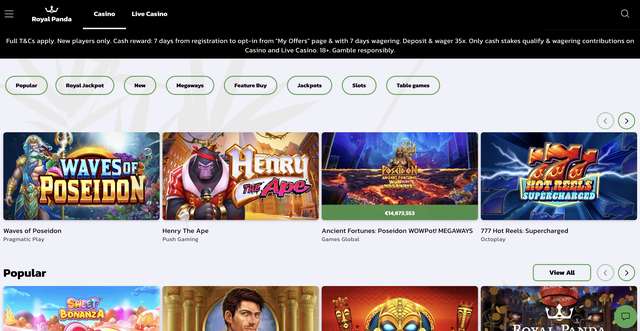 Royal Panda casino lobby with Royal Jackpot, Megaways, and Feature Buy category chips and Ancient Fortunes WOWPot Megaways jackpot at €14.8 million, plus Waves of Poseidon, Henry The Ape, and 777 Hot Reels Supercharged tiles