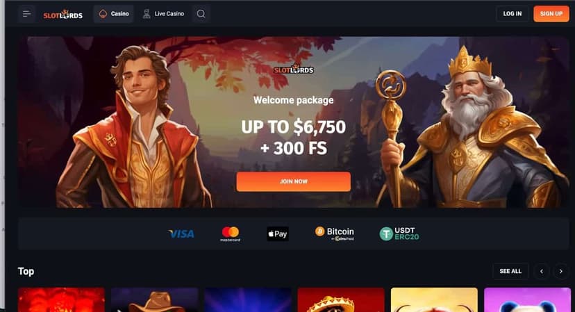 SlotLords casino homepage with a fantasy-themed welcome package banner advertising up to $6,750 + 300 free spins, flanked by a hooded ranger and a crowned king, plus Visa, Mastercard, Apple Pay, Bitcoin and USDT-ERC20 payment badges