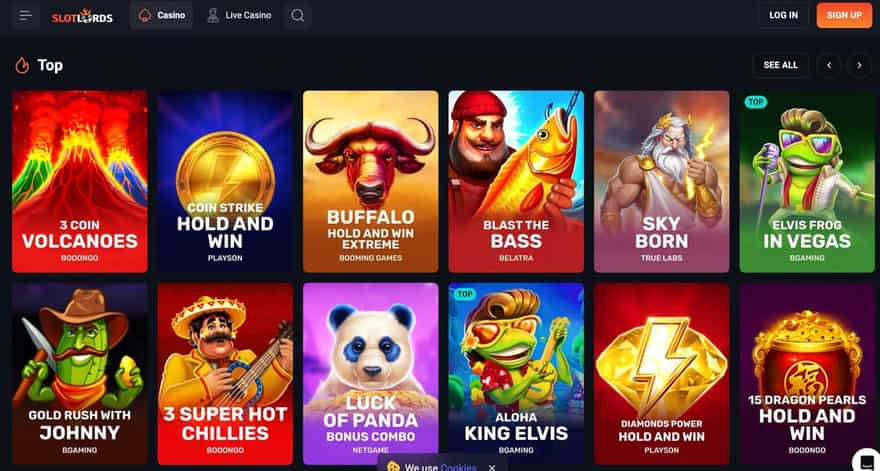 SlotLords Top games shelf showcasing 3 Coin Volcanoes from Booongo, Coin Strike Hold and Win from Playson, Buffalo Hold and Win Extreme from Booming Games, Blast the Bass from Belatra, Sky Born from True Labs, Elvis Frog In Vegas from BGaming, Gold Rush with Johnny, 3 Super Hot Chillies, Luck of Panda Bonus Combo, Aloha King Elvis, Diamonds Power Hold and Win and 15 Dragon Pearls Hold and Win