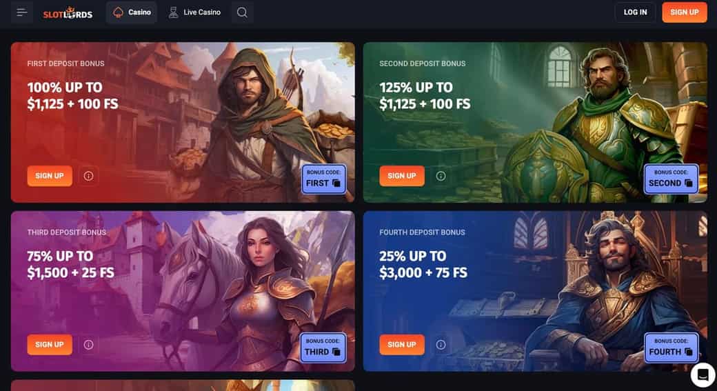 SlotLords welcome bonus grid showing all four deposit stages – 100% up to $1,125 + 100 FS (code FIRST), 125% up to $1,125 + 100 FS (SECOND), 75% up to $1,500 + 25 FS (THIRD), 25% up to $3,000 + 75 FS (FOURTH) – each with its own fantasy character art and copyable bonus code chip