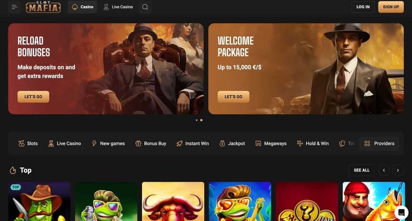 Slot Mafia homepage carousel showing Reload Bonuses and a Welcome Package banner up to 15,000 €/$, with category quick-filters for Slots, Live Casino, New games, Bonus Buy, Instant Win, Jackpot, Megaways, Hold & Win, Table games and Providers