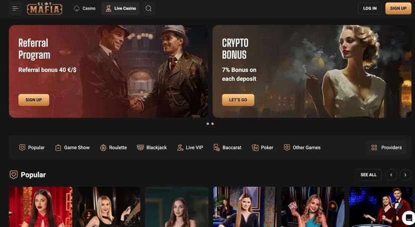 Slot Mafia live casino landing with a Referral Program banner paying 40 €/$ per referred player alongside a 7% Crypto Bonus on every deposit, plus filters for Popular, Game Show, Roulette, Blackjack, Live VIP, Baccarat, Poker and Other Games