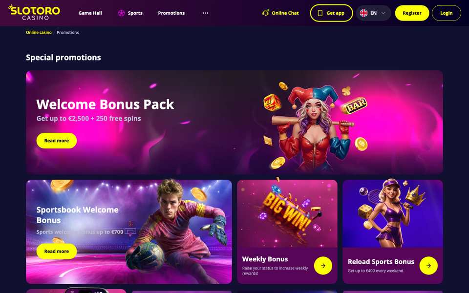 Slotoro promotions page with the welcome bonus pack, sportsbook welcome bonus, weekly bonus and sports reload