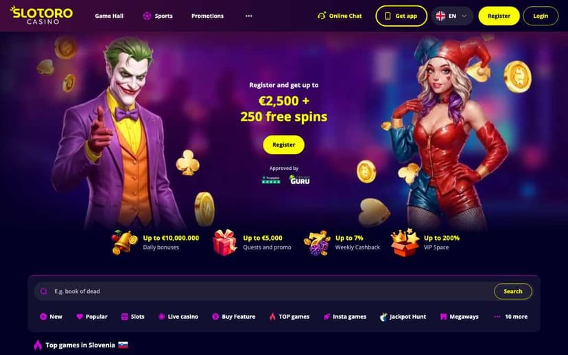 Slotoro homepage advertising the €2,500 + 250 free spins welcome offer