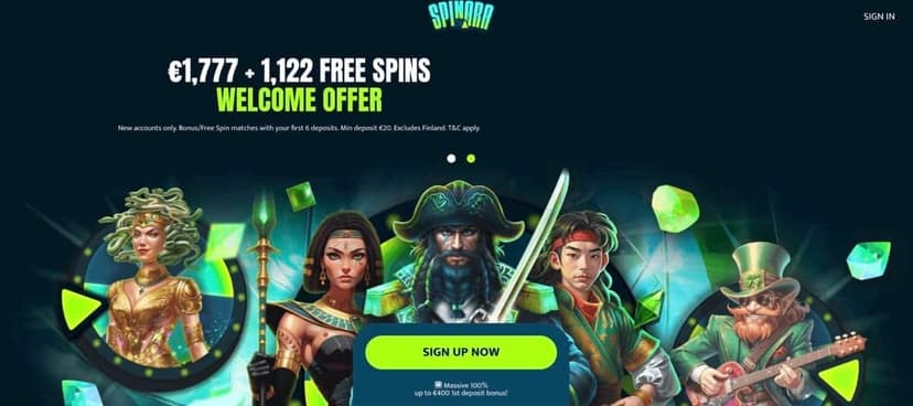 Spinara homepage showing €1,777 + 1,122 Free Spins welcome offer