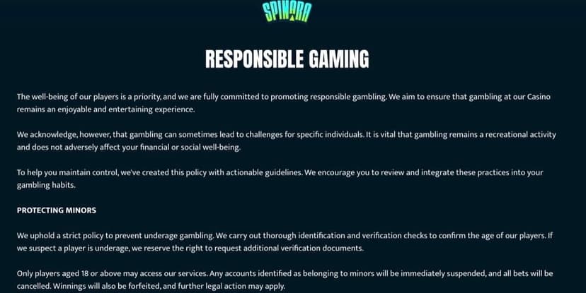 Spinara responsible gaming page with player protection policies