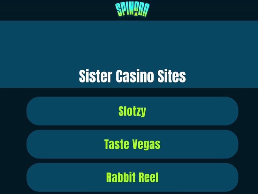 Spinara sister casino sites page listing Slotzy, Taste Vegas, and Rabbit Reel