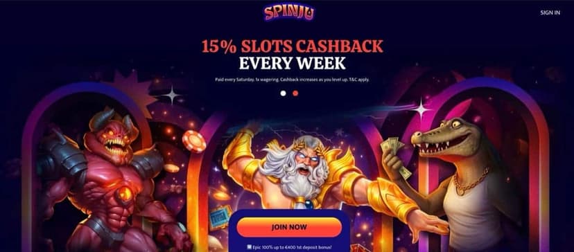 Spinju homepage showing 15% Slots Cashback Every Week promotion