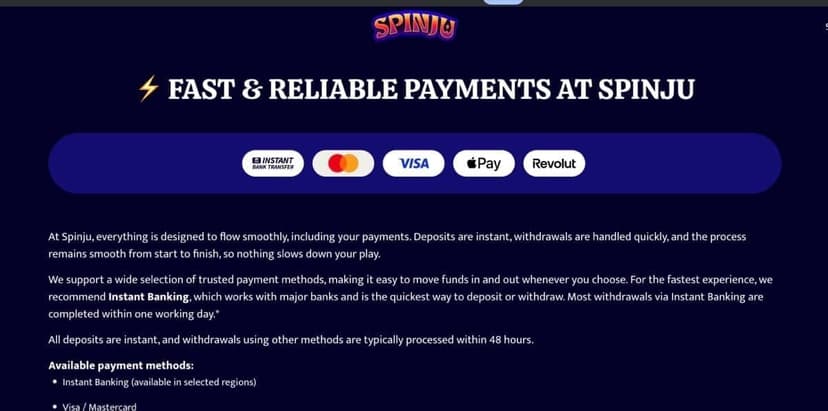 Spinju payment methods page showing Instant Banking, Visa, Mastercard, Apple Pay, Revolut