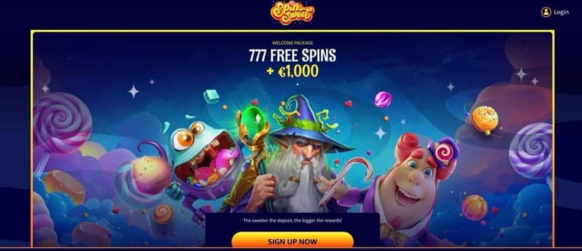 SpinSweet homepage showing 777 Free Spins + €1,000 welcome package with candy theme