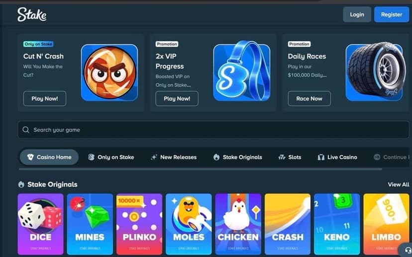 Stake casino lobby with Stake Originals including Dice, Mines, Plinko, Chicken, Crash, and Keno