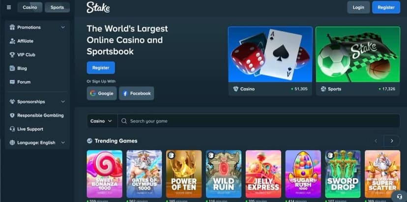 Stake.com landing page showing 51,305 casino games and 17,326 sports markets