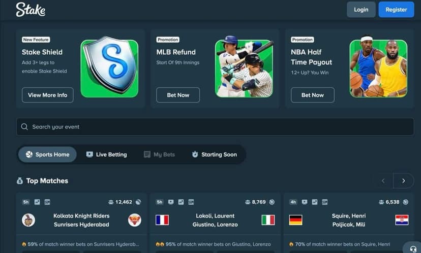Stake sportsbook featuring Stake Shield, MLB Refund, and NBA Half Time Payout promotions