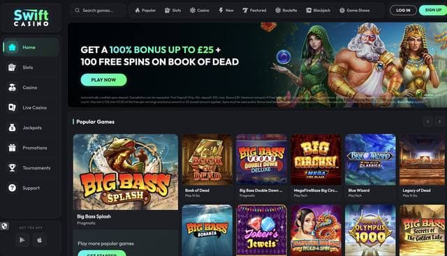 Swift Casino homepage with its cyan-green theme and 100% up to £25 plus 100 free spins welcome bonus