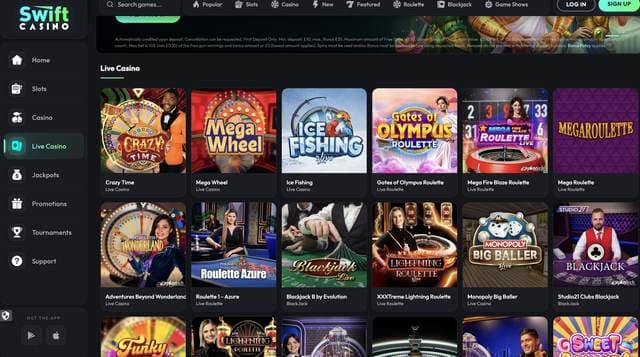 Swift Casino live casino lobby with Crazy Time, Mega Wheel, Mega Fire Blaze Roulette and Blackjack B by Evolution