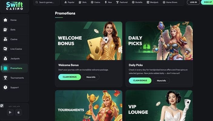 Swift Casino promotions page with Welcome Bonus, Daily Picks, Tournaments and VIP Lounge offers