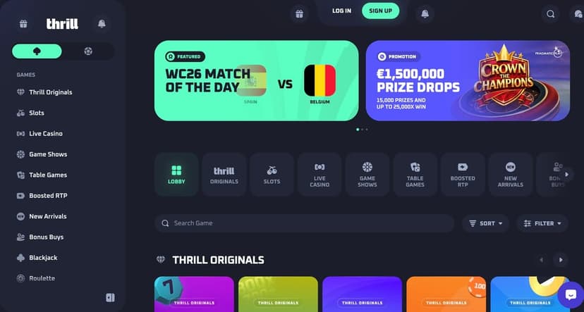 Thrill Casino homepage in dark mode with neon-green branding, a WC26 Match of the Day featured card, and a Pragmatic Play Crown the Champions €1,500,000 Prize Drops promotion tile across the lobby