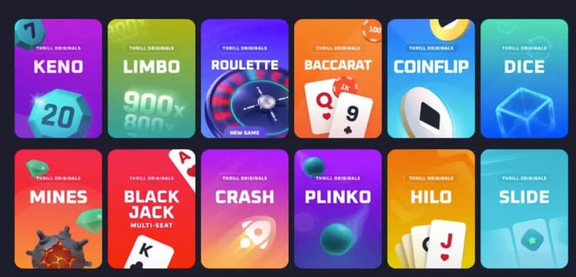 Thrill Originals lobby showing 12 of the in-house provably fair games – Keno, Limbo, Roulette, Baccarat, Coinflip, Dice, Mines, Blackjack Multi-Seat, Crash, Plinko, Hilo and Slide, each tile tagged 