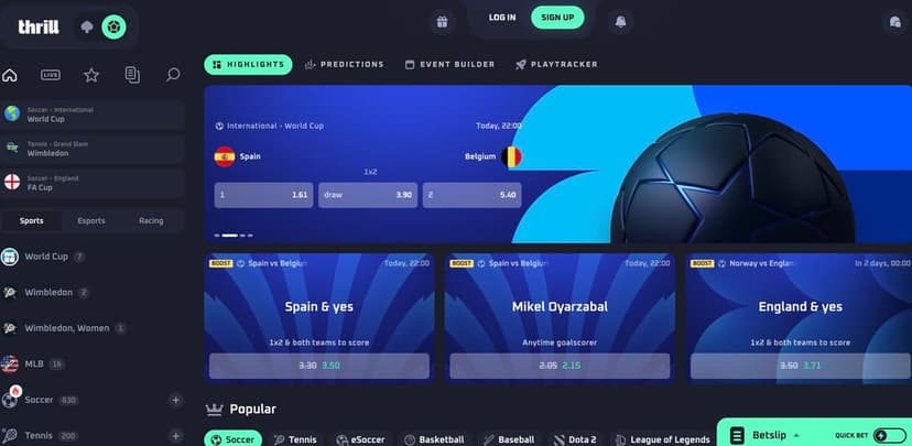Thrill sportsbook with a World Cup Offers hero, boosted-odds cards for Spain vs Belgium, and the Betslip panel open on the right showing stake and potential return