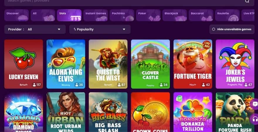 TrustDice slots lobby with live RTP tracker and provider filters