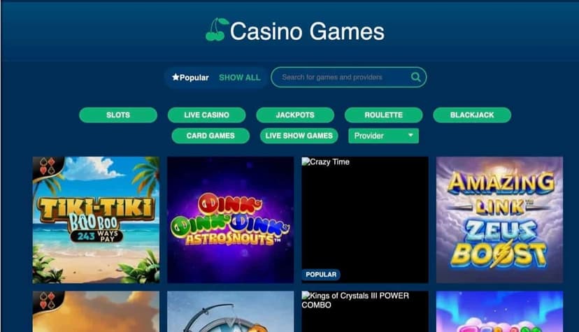 Turbonino casino games lobby with category pills for Slots, Live Casino, Jackpots, Roulette, Blackjack, Card Games, and Live Show Games