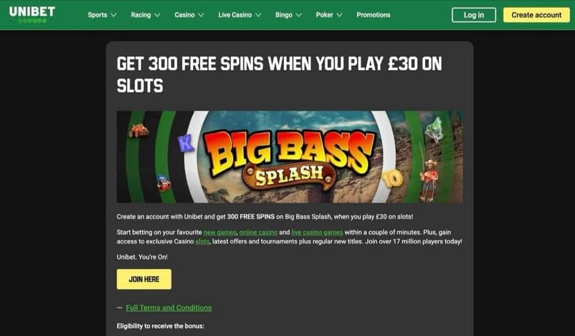 Unibet 300 Free Spins welcome offer page for £30 of slots play on Big Bass Splash